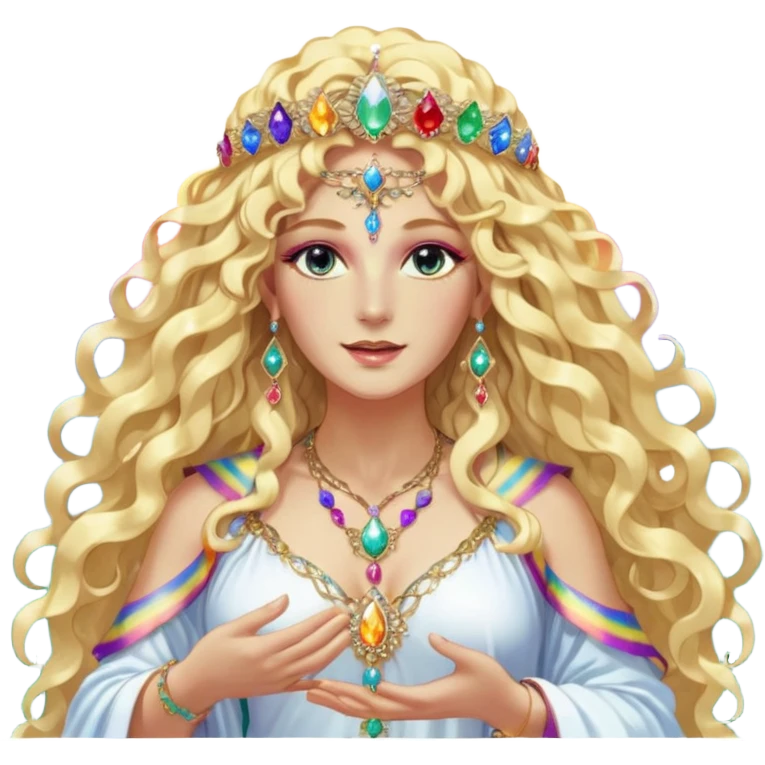 a being made of light pleidian nordic long faces and curly huge thick blond hair but beautiful features of light wearing jewels and a rainbow halo like a saint arount her a robe on made of light and gem  transparent belly dancer and who is lanky holding a bouquet of crystal flowers on rainbow fire emoji