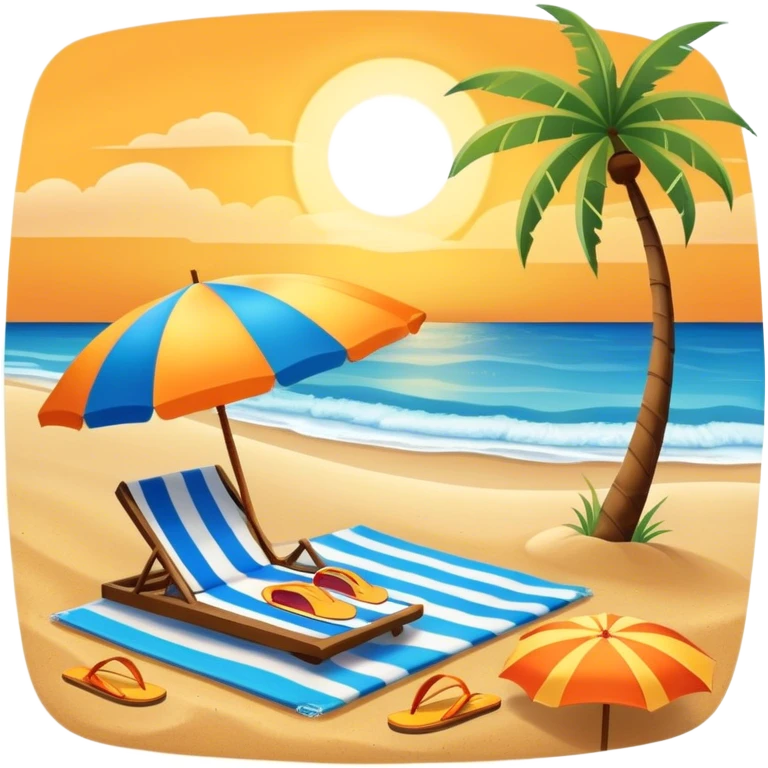 Icon for Beach Tourism: with the blue ocean, orange sunset, yellow sand beach and palm trees in the background, a sun umbrella, flip-flops, and a beach towel on the sand. The icon should represent relaxation and fun at the beach. Transparent background emoji