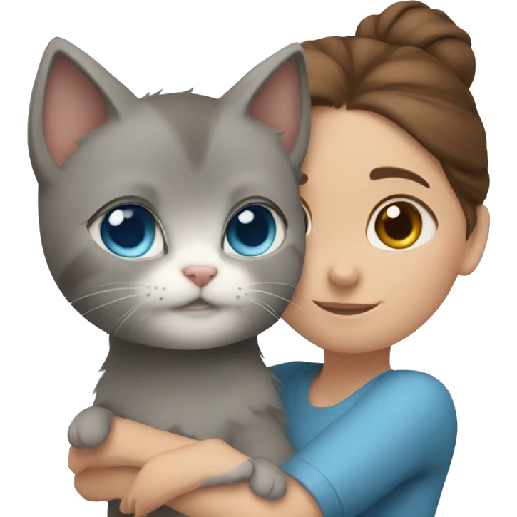 blue eyes grey kitten and brown hair girl hugs emoji