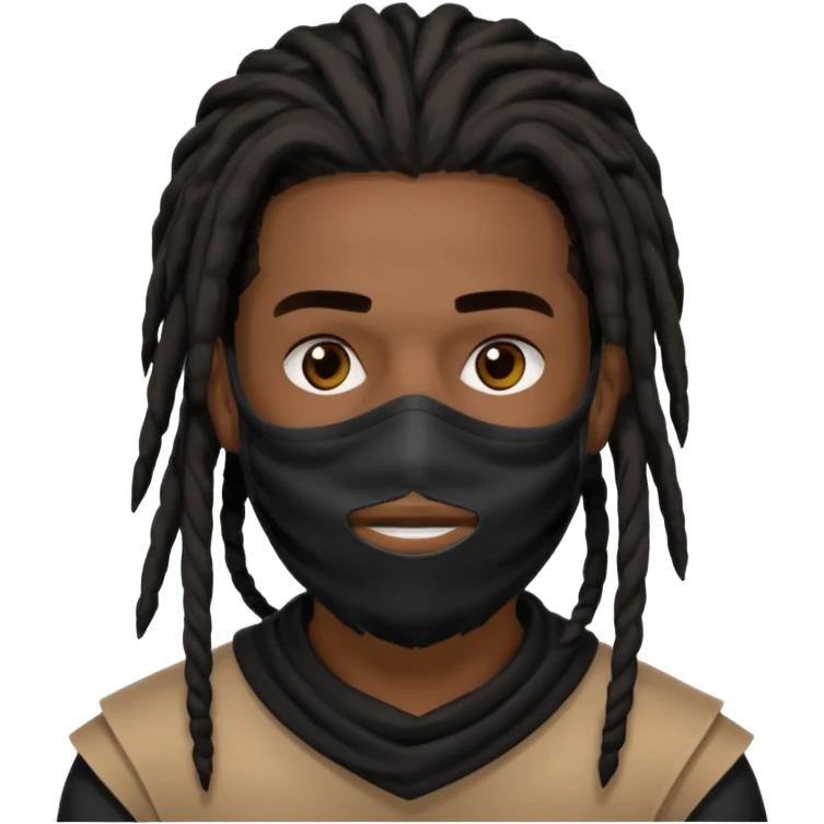 African American man with shoulder length black dreadlocks with black beard wearing a covid mask covering face emoji