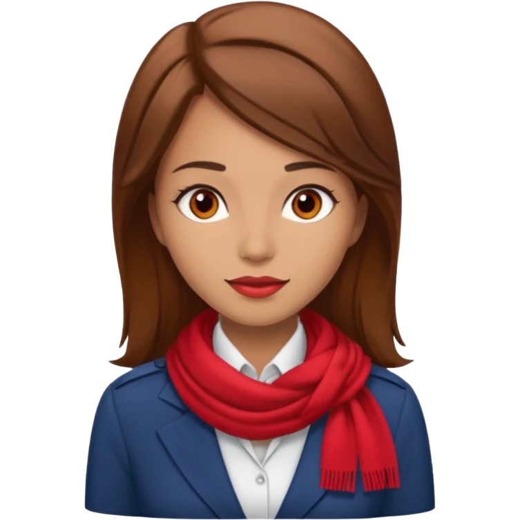 Female flight attendant, with red scarf, white shirt, brown hair, brown eyes, iOS emoji-type face emoji