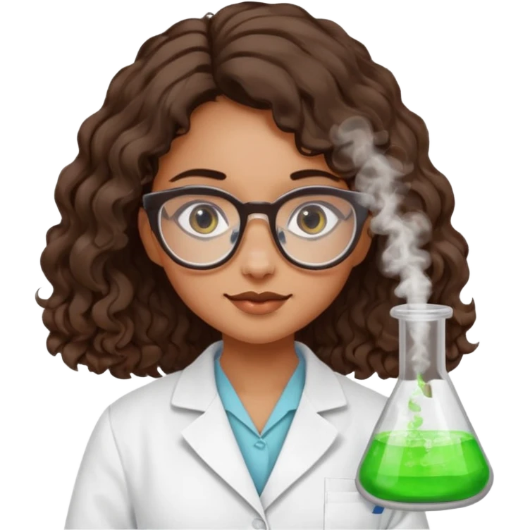 bratz doll with long loose curly dark brown hair, that reaches her lower back glasses that are round cat eye vibes, in a lab coat mixing beakers that glow shes a 4th grade girl emoji