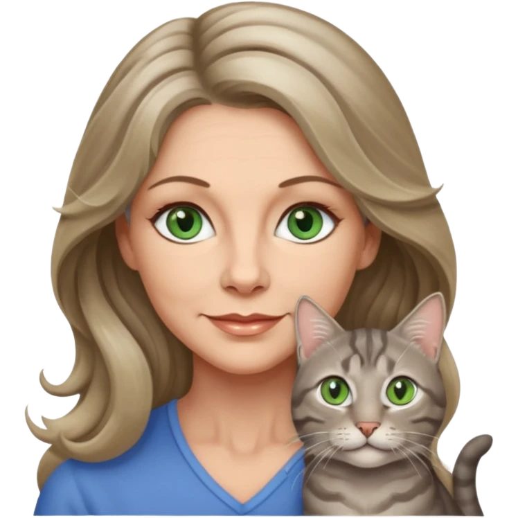 beautiful 50 yr old woman, long wavy dark blonde hair, blue green eyes with one beautiful gray tabby cat with olive eyes emoji