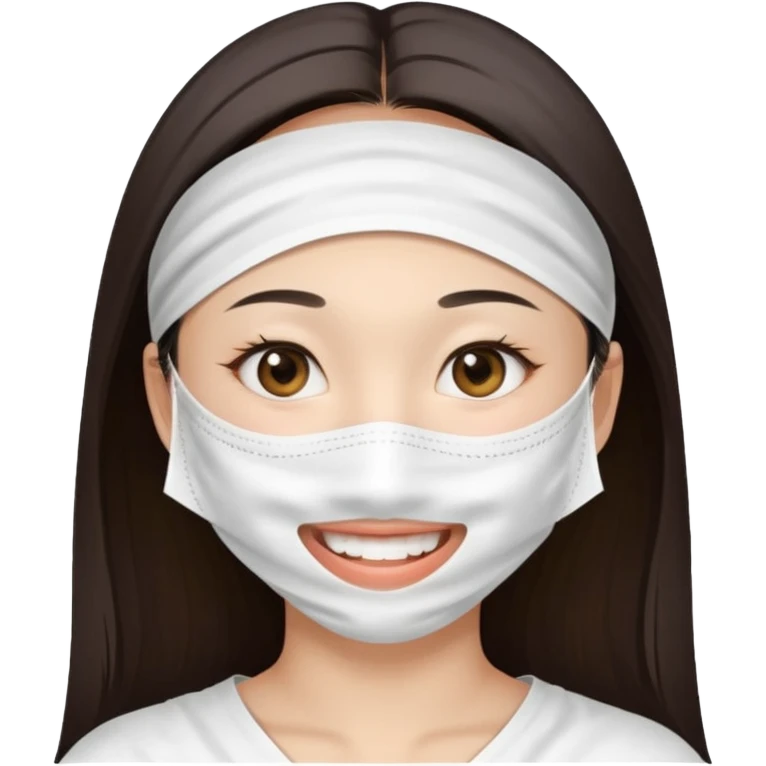 Smiling Asian girl with large white sheet mask pack emoji