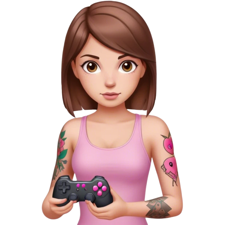 White girl with arm tattoo and brown hair holding a pink game controller emoji