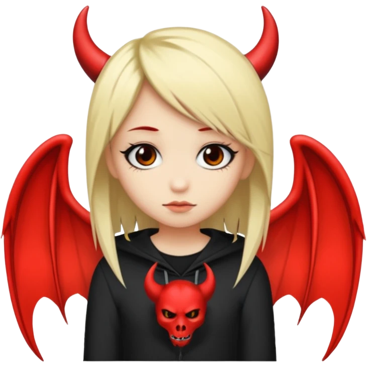 A black and blonde haired girl with a devils wing and tail and she's emo emoji