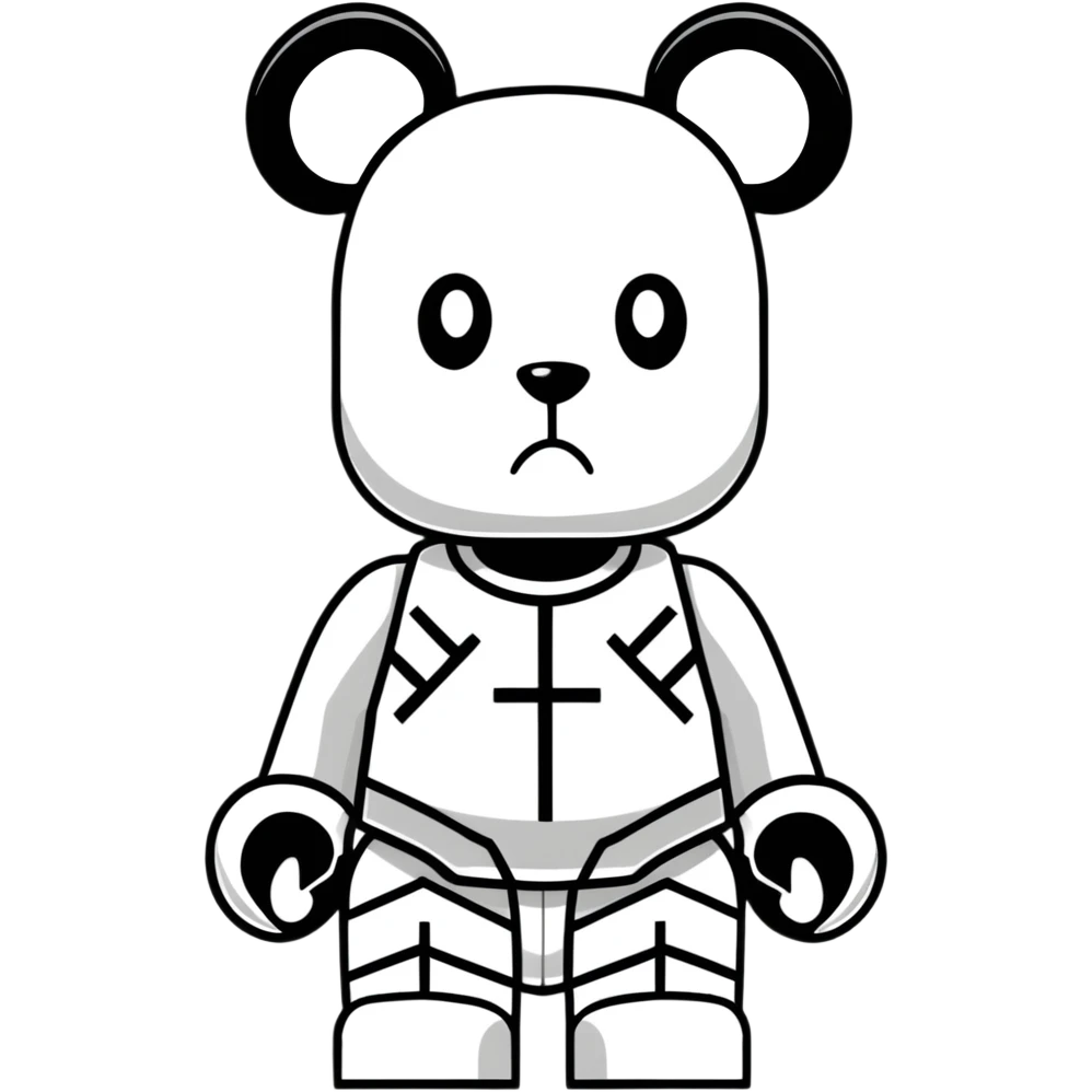 Lego style bearbrick with X crosses as eyes, enlarged ears, oversized boots, long thin limbs, exaggerated comic proportions, blocky Lego joints emoji
