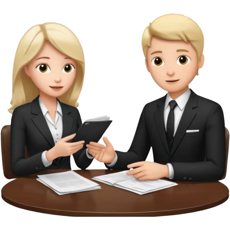 man in formal suit talking to woman in formal suit, they sit, papers in hands on the table emoji