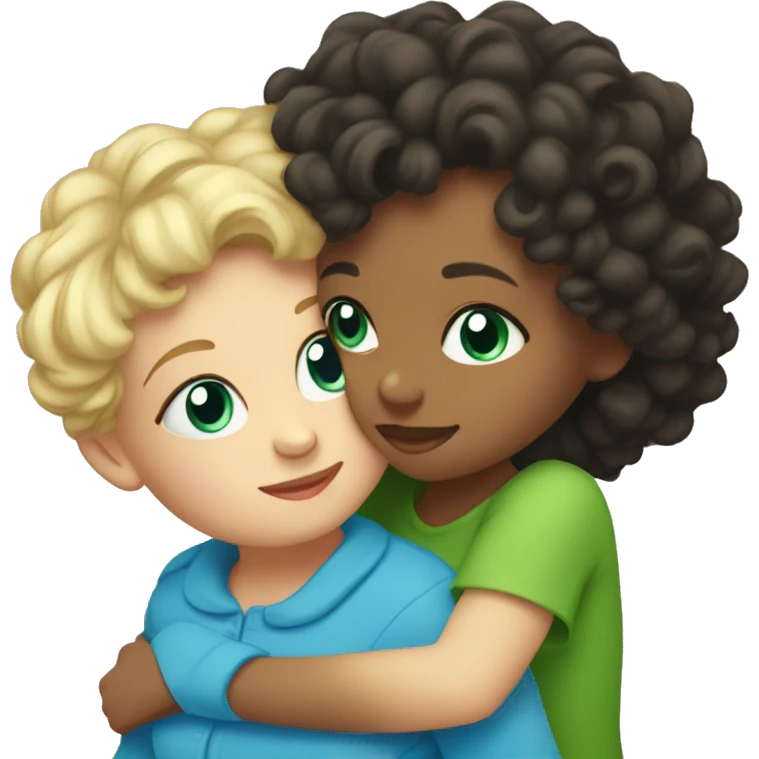 Toddler with curly dark hair and green eyes hugging her blonde mom with blue eyes emoji