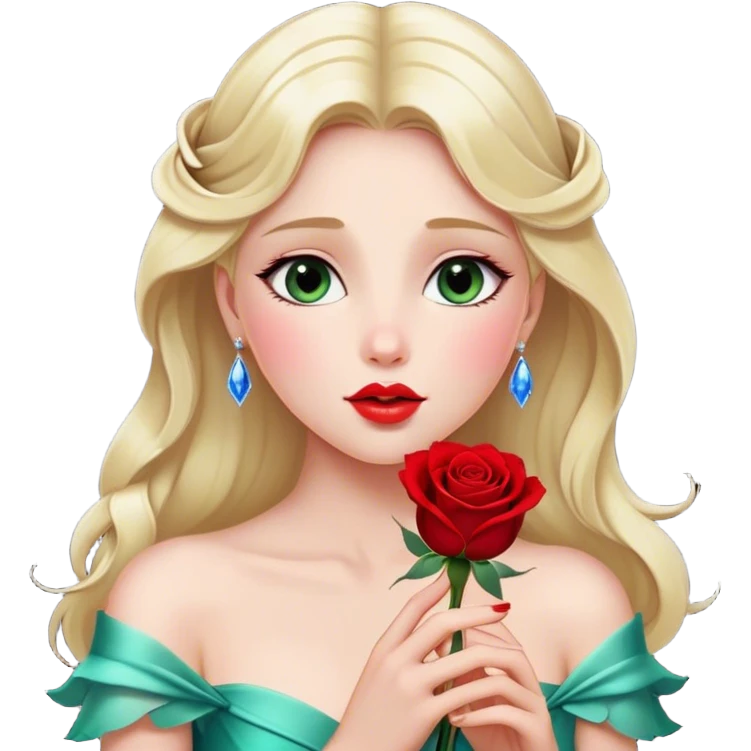 Cinematic Elegant Aurora Portrait Emoji, Delicately holding a single red rose, gazing with soft wonder, lips gently parted as if about to sing, the picture of grace and elegance, glowing with royal charm! emoji