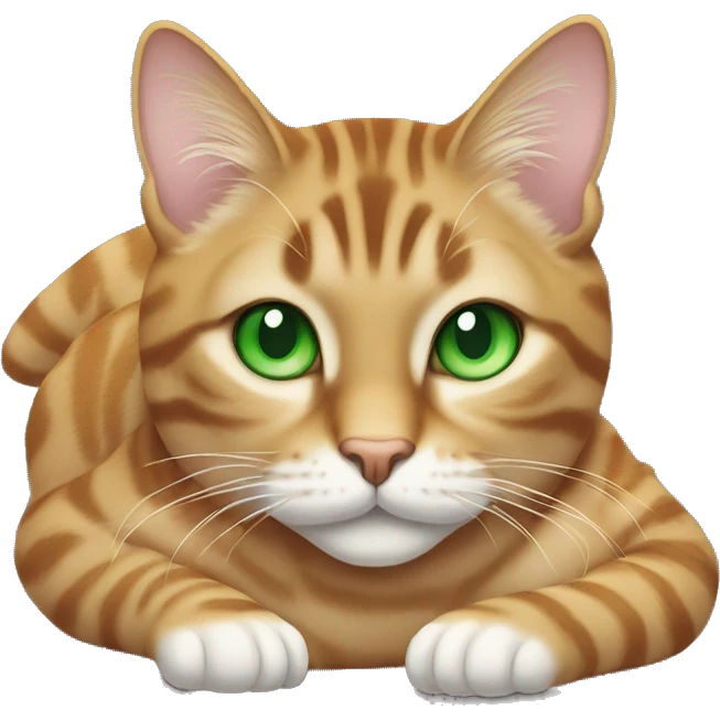 A big tabby cat with green eyes is laying flat on his stomach  emoji