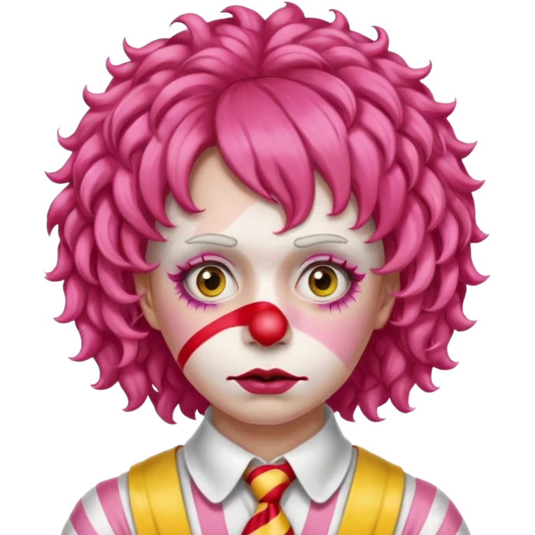 Pink curly wig.

White face paint with red nose and makeup.

Wearing a red-and-yellow striped costume with a white collar.

Wide-eyed, sad expression. emoji