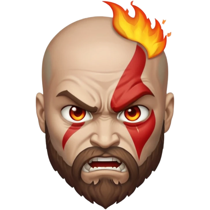A custom emoji design of "Kratos" from "God of War", "Rage mode with fire eyes", "Apple Emoji Style", isolated on white background, clean lines, high quality sticker style, vector graphics, minimalistic emoji