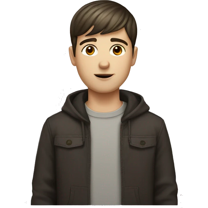 White boy with short dark brown hair, with bangs, brown eyes emoji