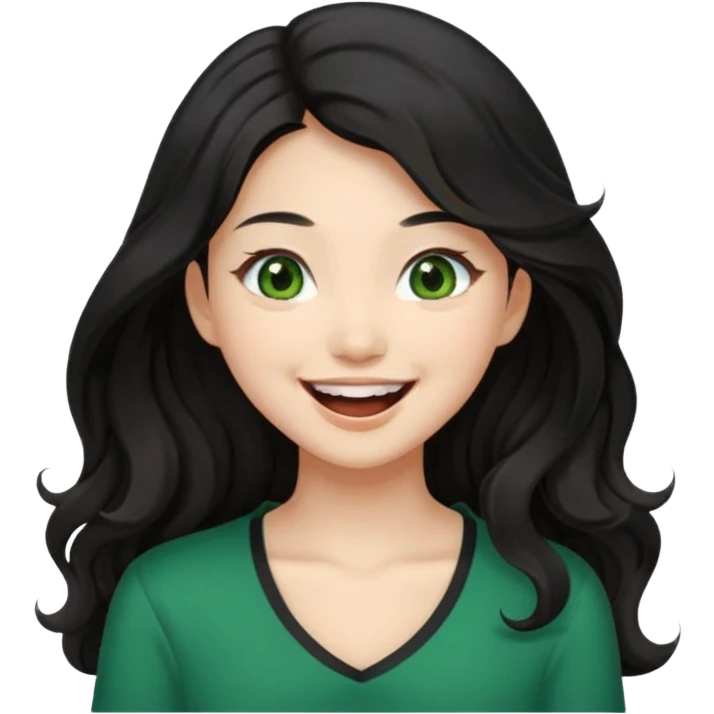 Beautiful Asian girl with long black hair and beautiful girl with wavy brown hair and green eyes. Laughing together.  emoji