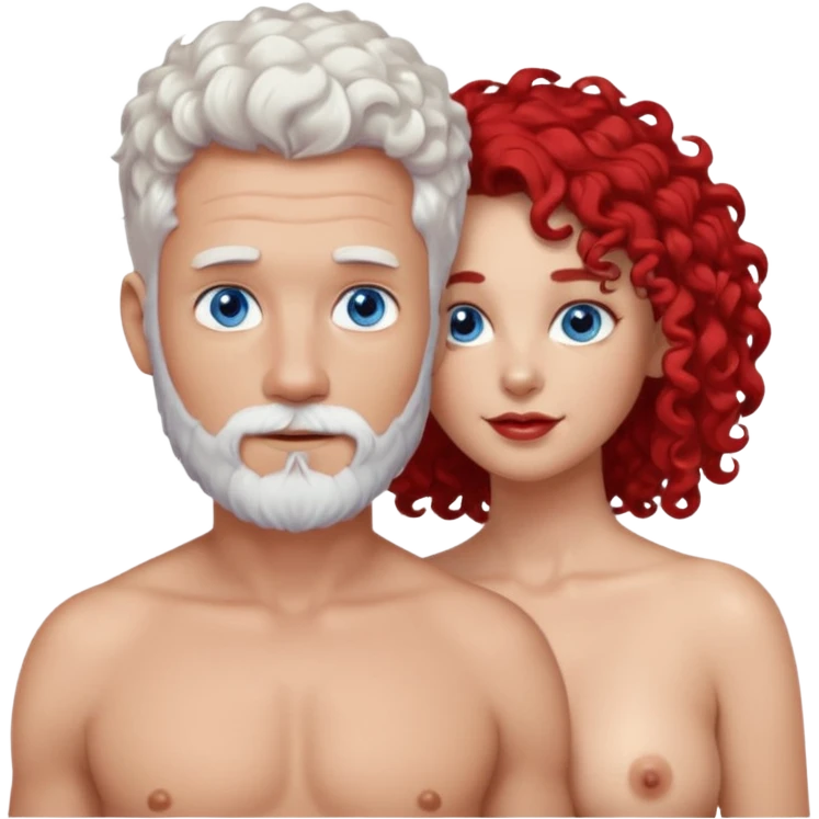 Homme nu cheveux blancs courts, yeux bleu barbe courte + femme nu gros seins rousse cheveux longs bouclés yeux bleu emoji