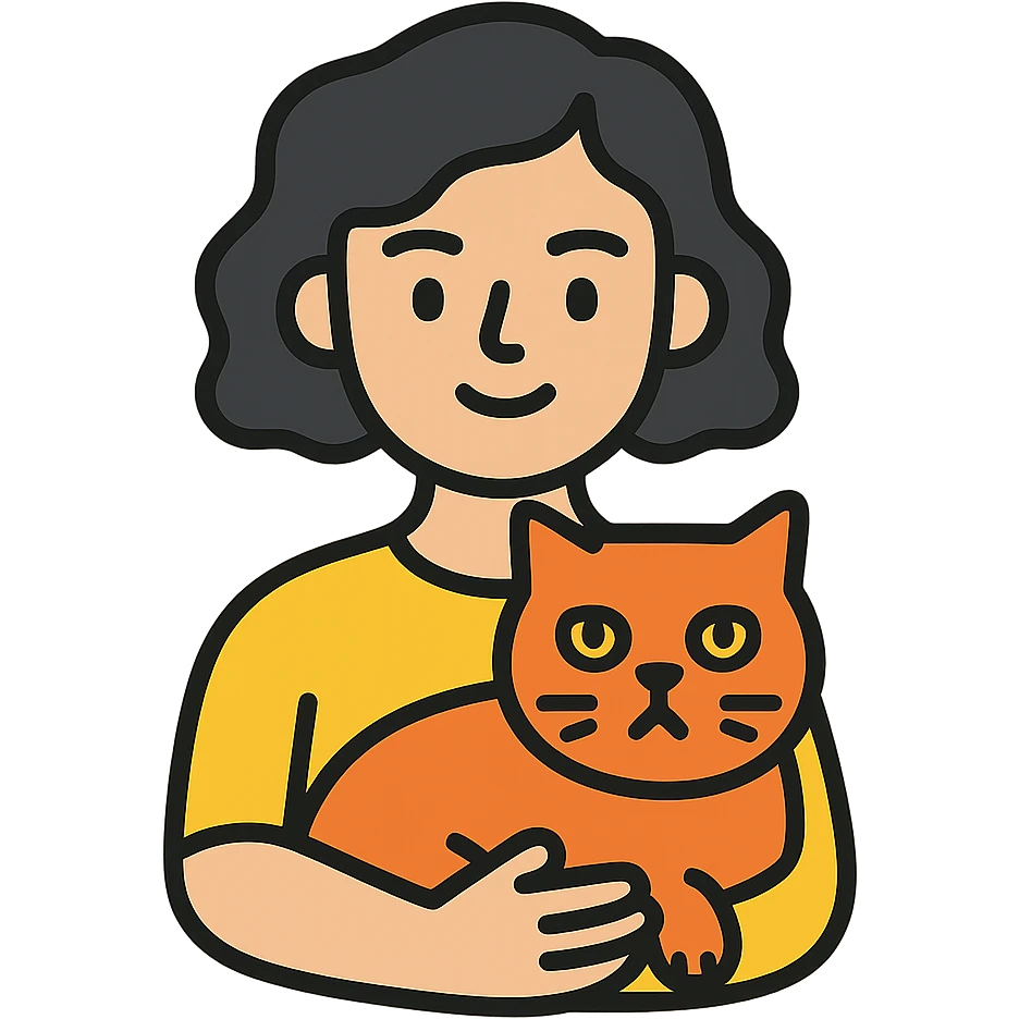 wavy black haired girl with a short haitcut holding a british cat emoji