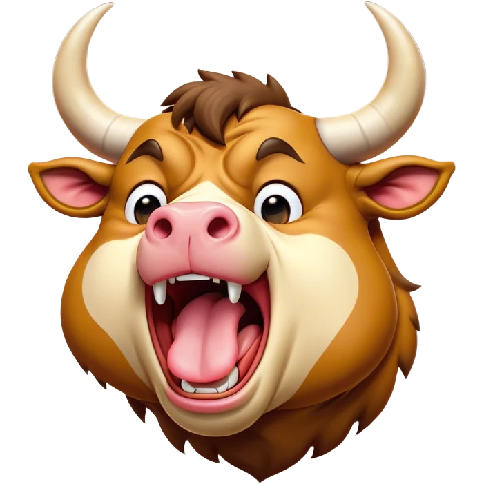 Cinematic Cute Yawning Domestic Bull Portrait Emoji, Head tilted slightly with a dramatic, wide-open yawn, showcasing a robust, muscular frame with a soft, downy coat and subtly drooping horns, round eyes barely open in drowsy contentment, Simplified yet irresistibly adorable features, highly detailed, glowing with a soft, cozy natural glow, high shine, relaxed yet expressive, stylized with a dash of rustic whimsy, soft glowing outline, capturing the essence of a sleepy yet affectionate domestic bull that seems ready to stretch out and settle for a nap! emoji