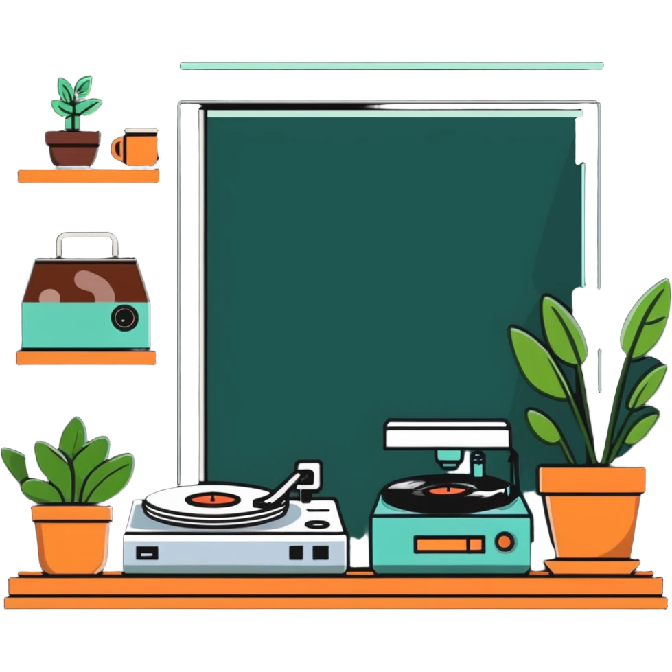 cozy indie coffee shop with plants and record player emoji
