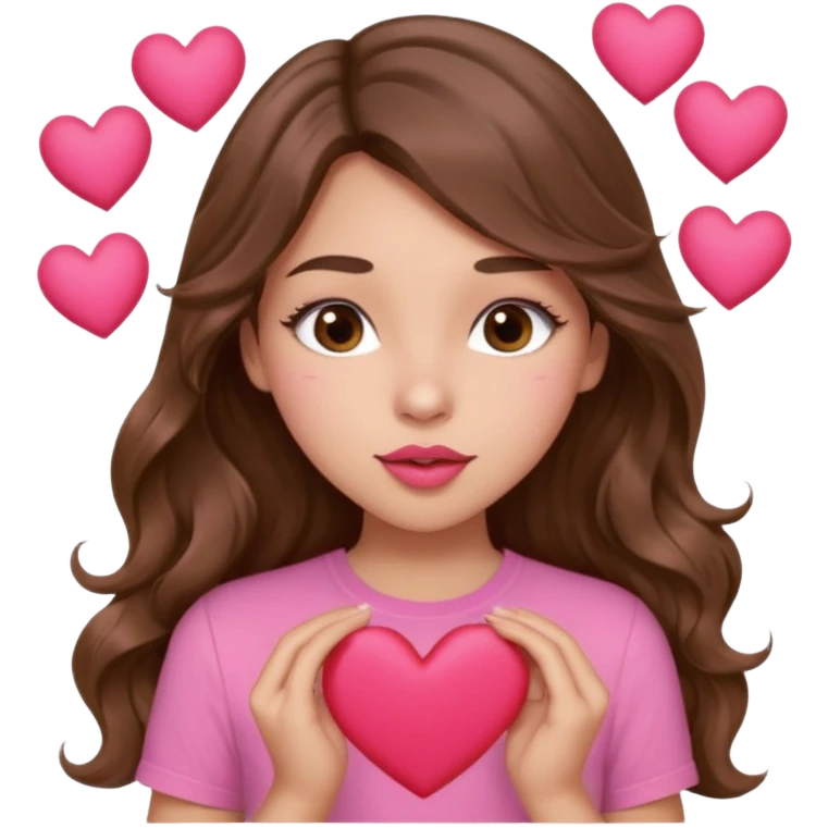girl with long wavy brown hair, brown eyes, light to medium complexion, in a pink shirt, pink lips, long lashes, puckering up for a kiss, many  hearts in hand emoji