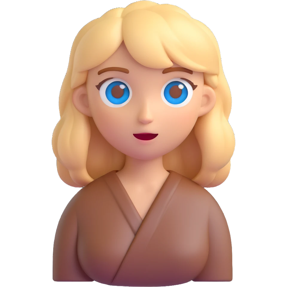 Make the woman's hair just a little longer, adding subtle hints of brown, red, and gold to the blonde hair. Keep the 3D emoji style, blue eyes, and shrugging pose, with no background. emoji
