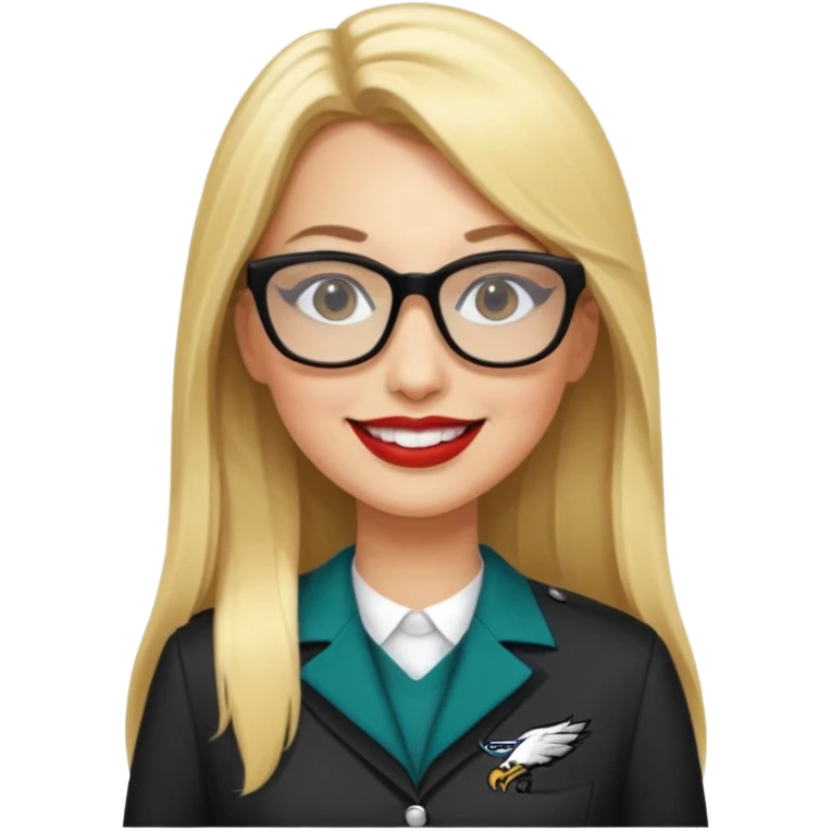 long blonde straight hair, black rectangle glasses, smiling, lipstick, full length eagles uniform, 33 emoji