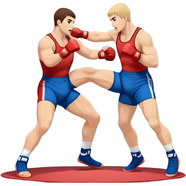 Two Sambo fighters in blue and red gis with shorts and wrestling shoes, executing gripping and throwing techniques. The fighters are engaged in a dynamic, action-packed moment with no strikes. The background features a wrestling mat, focusing on the technique and control. Transparent background  emoji