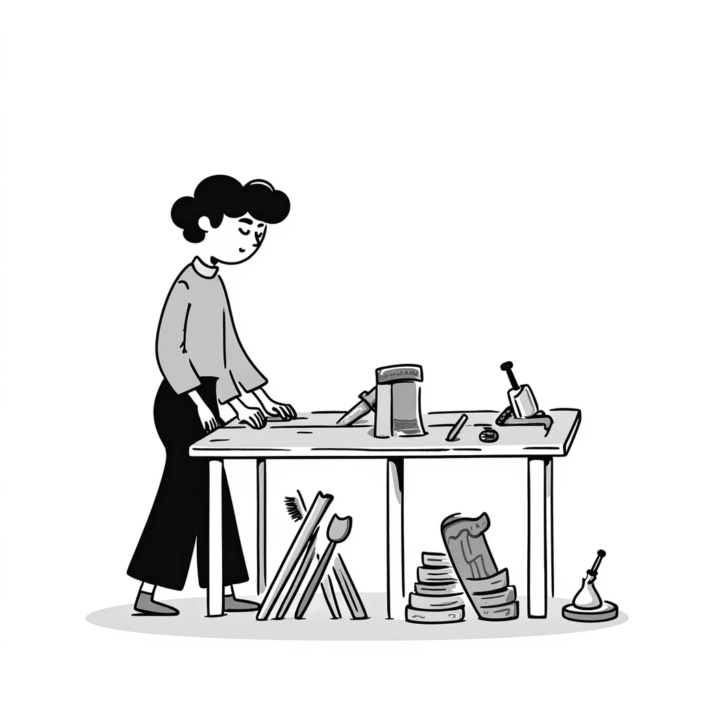 experienced furniture maker at workbench, expressive lines emoji