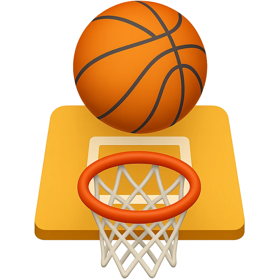 Change the perspective to be from the top of the key, with the basketball about a foot off the rim, in the style of apple emojis, keep the background transparent. emoji