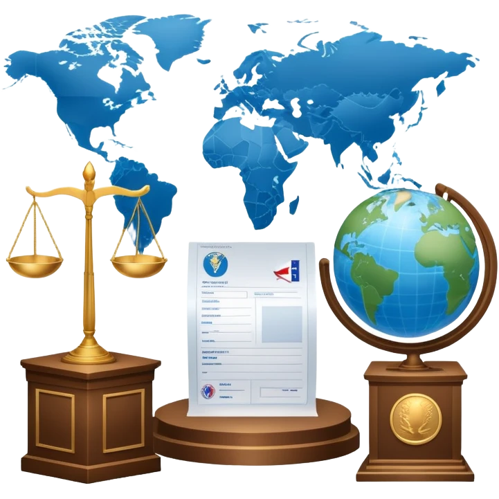 An icon featuring a podium with a speaker, a ballot box with a voting slip, and a globe, symbolizing political science. The design includes scales of justice and a world map in the background, representing governance and global politics. Transparent background highlights political analysis. emoji