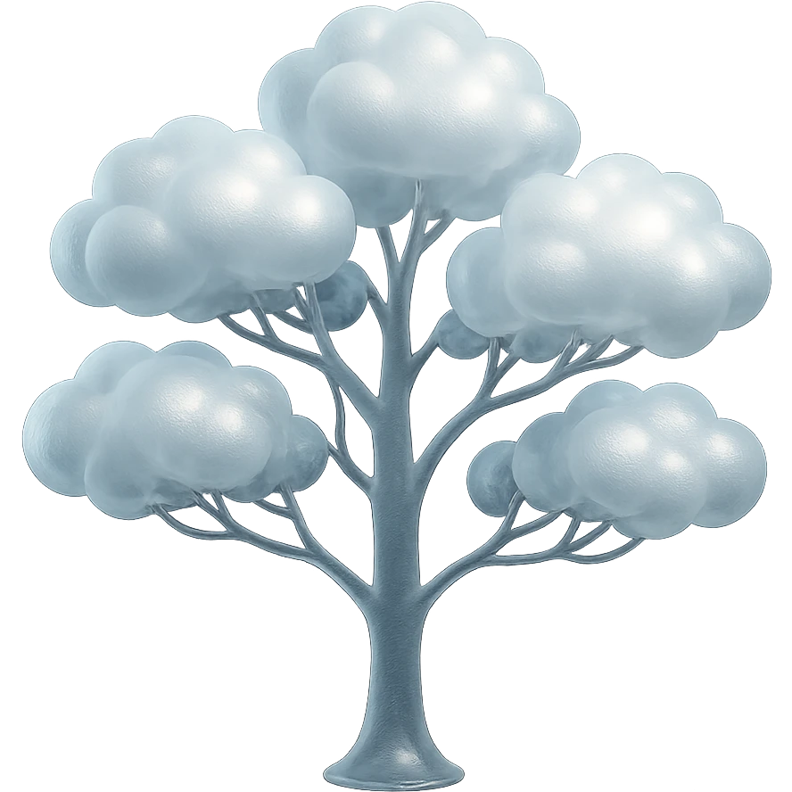 one tree with many branches and a white trunk, crown made of small very bright white fluffy convex clouds, matte glass style emoji