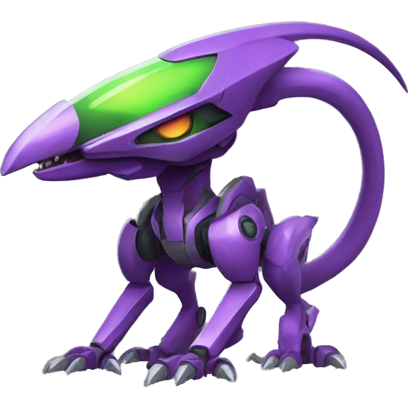 a purple-green Genesect-Raptor-Fakémon—hybrid with a futuristic visor-helmet full body emoji