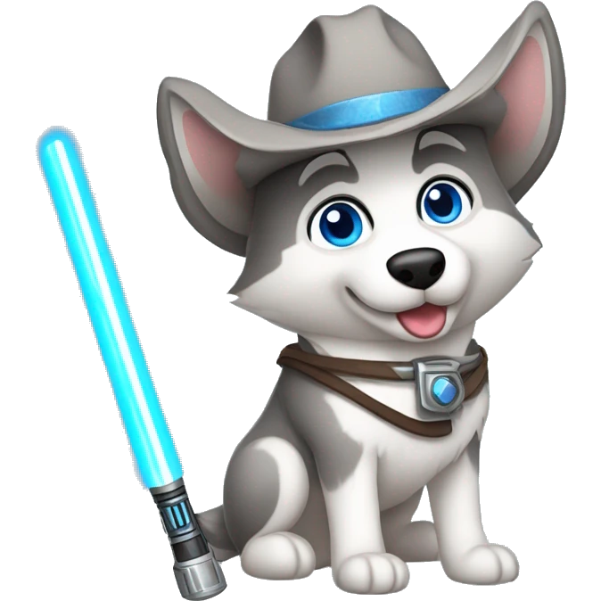 Gray Siberian Husky with blue eyes Jedi holding lightsaber cowboy hat  emoji