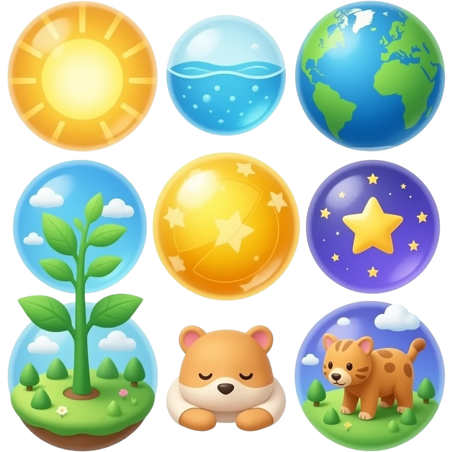3D isometric illustration of 7 days of creation. Six floating spheres showing elements: light, water, earth, plants, stars, animals. A seventh glowing golden sphere representing peaceful rest. Glossy, vibrant, clean background, 8k UI asset. emoji