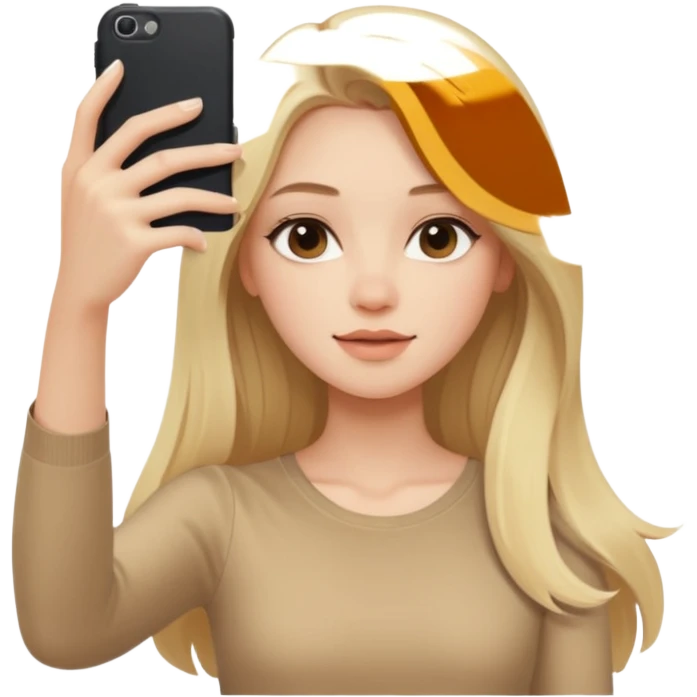  beautiful pale blonde girl with long hair taking selfie in beige top emoji