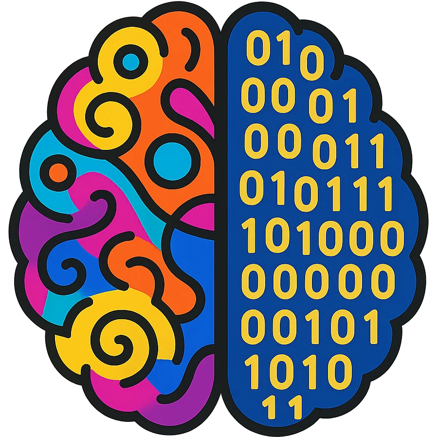split brain, left side with abstract art, right side with binary code emoji