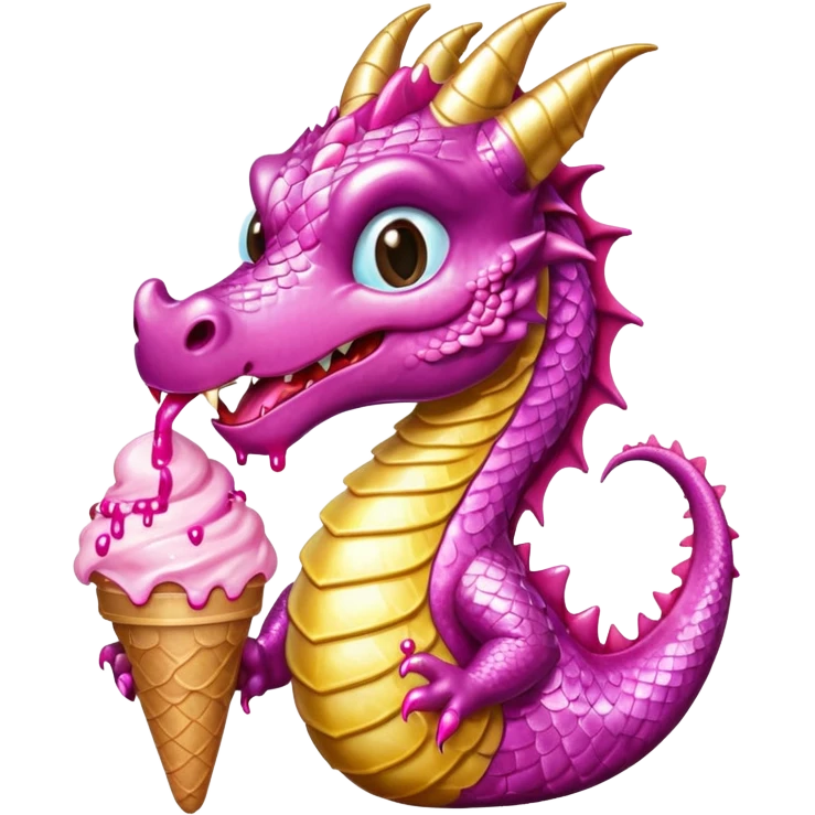 A shiny, glittery dragon in pink tones eats vanilla and chocolate ice cream emoji
