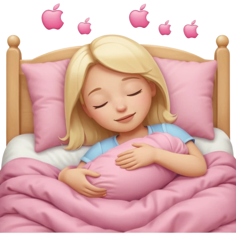 a girl with blonde hair, eyes closed, peacefully sleeping in a baby pink bed, simple and expressive, minimal details, apple emoji style emoji