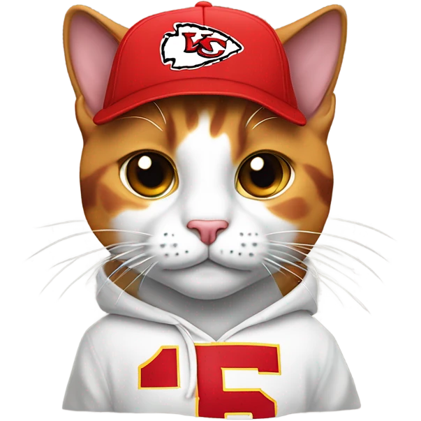 Calico cat wearing KC chiefs hoodie and chiefs ball cap emoji