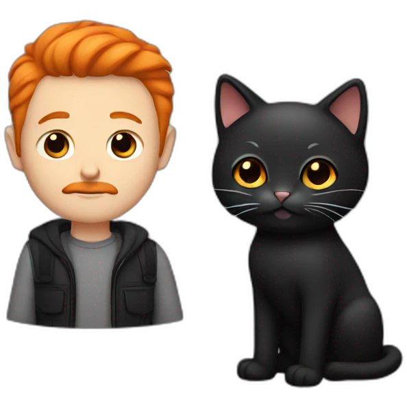 a white guy with orange hair and mustache holding a black haired cat emoji