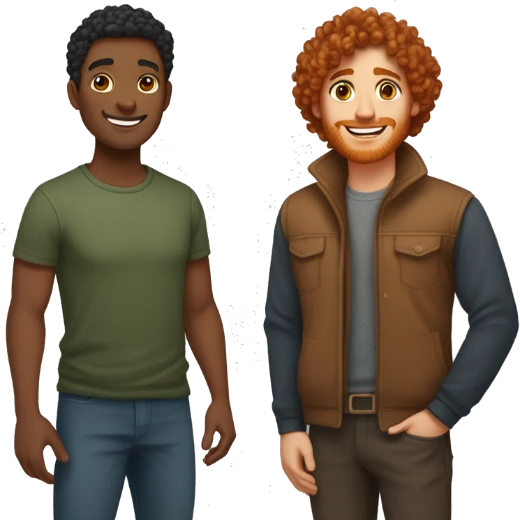 Create an emoji of a couple: a woman with curly log red hair and brown eyes, and a man with short straight black hair and light brown skin. Both should be smiling warmly and standing close together, embracing each other affectionately emoji