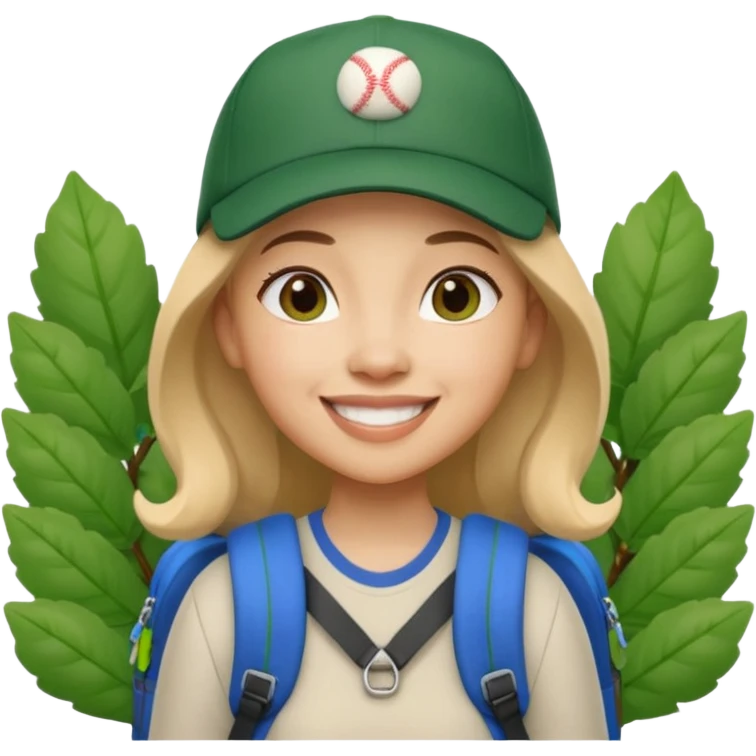 A 3D cartoon woman with a backpack smiling outdoors, surrounded by greenery, Memoji-style realism. emoji