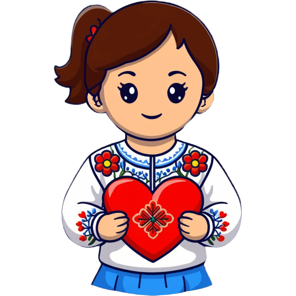 A beautiful young girl with brown hair in a Ukrainian embroidered shirt is holding a large embroidered heart emoji