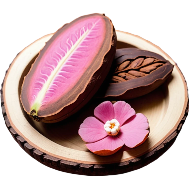 Una miniatura fotorrealista de un trozo de manteca de cacao pura y una pequeña rosa seca sobre una superficie de madera rústica y cálida. La luz debe resaltar la textura de la manteca. Colores: tonos tierra, marrón, terracota y rosa suave. Estilo: plano y orgánico emoji