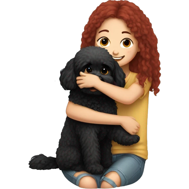Dark-red-haired girl hugs  her Maltipoo-Black-dog emoji