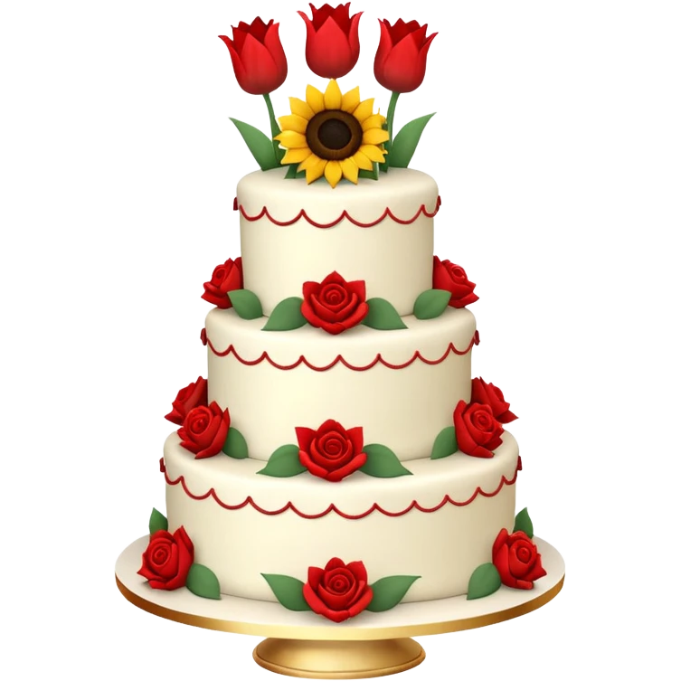 A large three teir cake with first mayer decorated with roses, second with Sunflowers and third with Tulips and Happy Birthday Dear written on top. emoji