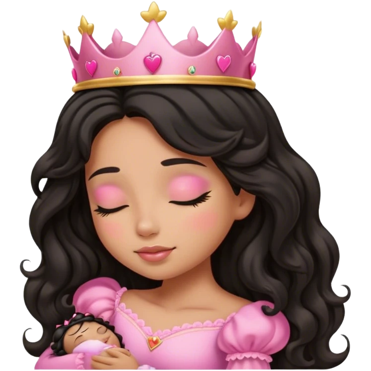 Very tanned princess, with long black wavy hair and a crown, a pink princess Outfit. In love with hearts. With Closed Eyes. Sleeping. emoji