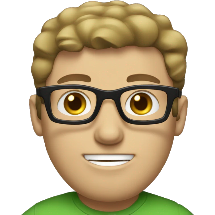 white guy with dark blond hair brad pit style square glasses blue eyes in laptop wearing green t-shirt emoji