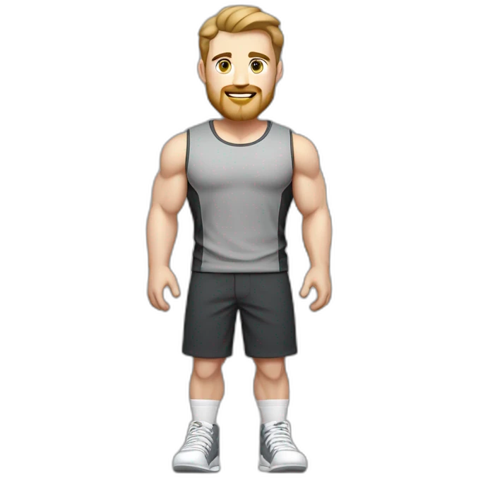 Full height Pale skinned fit man With biceps, Realistic eyes and mouth, light brown hair and stubble In dark gray sleeveless mike, black oversize sports shorts, watch and white sneakers. emoji
