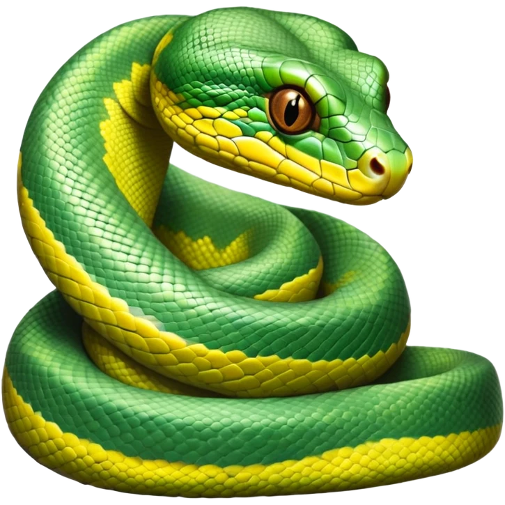 cinematic-green tree python-realistic-full-body-coiled-emoji,-thick-scaled-body-looped-tightly,-intricate-brown-and-gold-patterned-scales-reflecting-light,-head-tilted-dramatically,-slitted-eyes-staring-calmly,-simplified-yet-realistic-focused-feature emoji